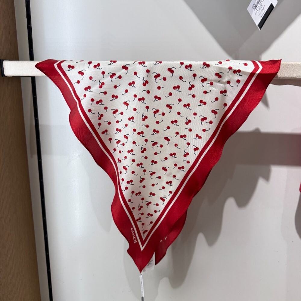 Coach Micro Cherry Print Silk Diamond Scarf CFG37 Chalk/Red